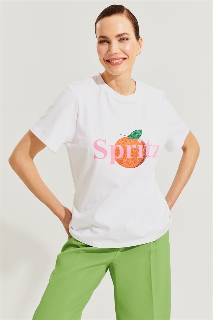 Ekru Baskılı Kısa Kollu T-Shirt Kadın Kategorisiz modelleri