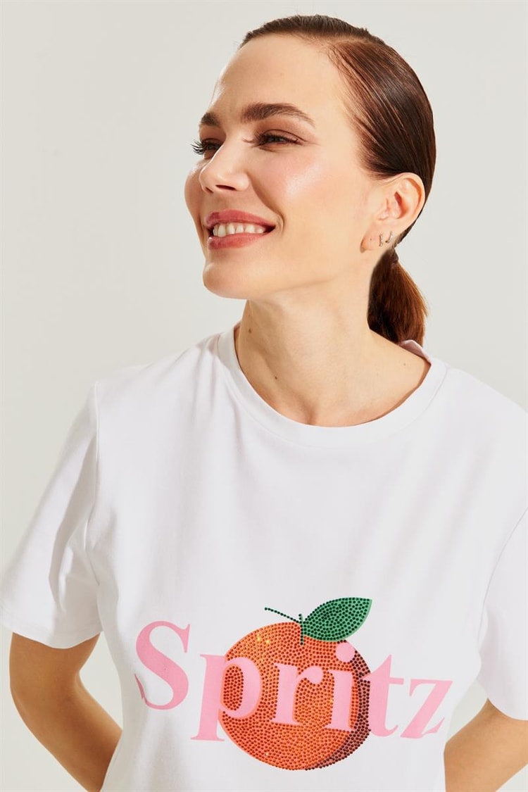 Ekru Baskılı Kısa Kollu T-Shirt Kadın Kategorisiz modelleri
