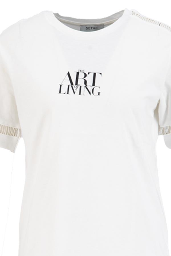 Ekru Baskılı Kol Ve Omuzda Örme Detaylı Bisiklet Yaka T-Shirt Kadın T-Shirt modelleri