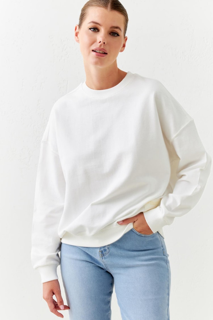 Ekru Bisiklet Yaka Mini Baskı Detaylı Uzun Kollu Sweatshirt  Kadın Kategorisiz modelleri