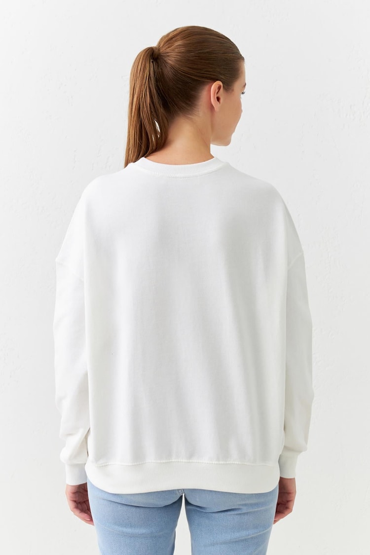 Ekru Bisiklet Yaka Mini Baskı Detaylı Uzun Kollu Sweatshirt  Kadın Kategorisiz modelleri