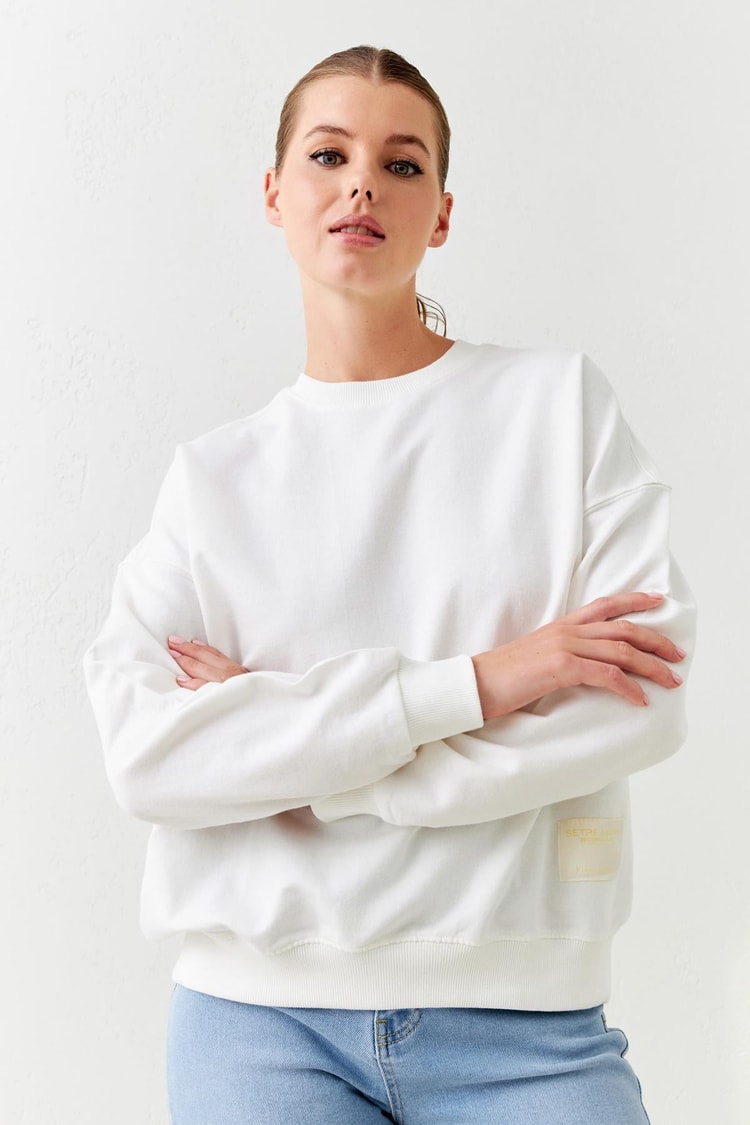 Ekru Bisiklet Yaka Mini Baskı Detaylı Uzun Kollu Sweatshirt  Kadın Kategorisiz modelleri