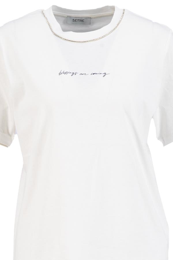 Ekru Bisiklet Yaka Taş Detaylı Baskılı Basic T-Shirt Kadın T-Shirt modelleri