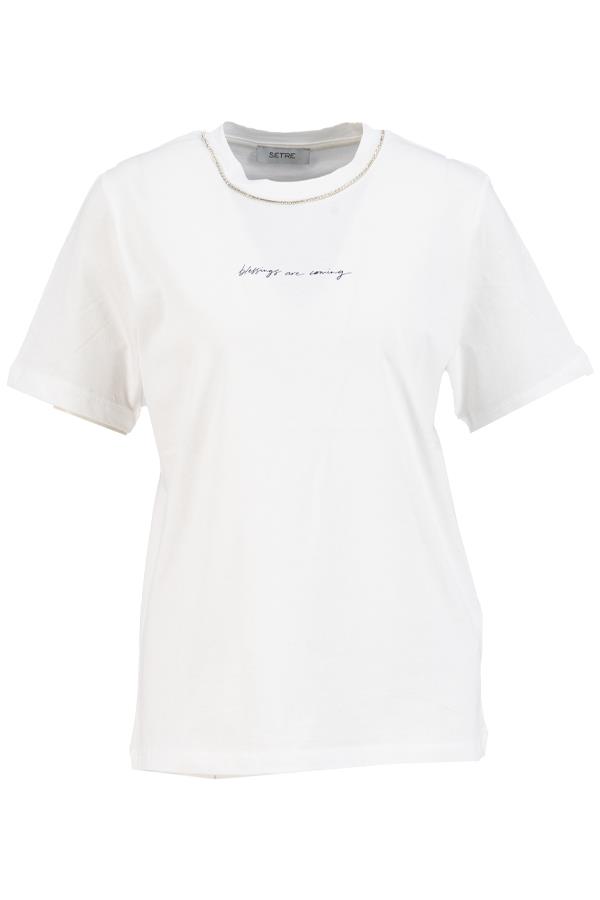 Ekru Bisiklet Yaka Taş Detaylı Baskılı Basic T-Shirt Kadın T-Shirt modelleri