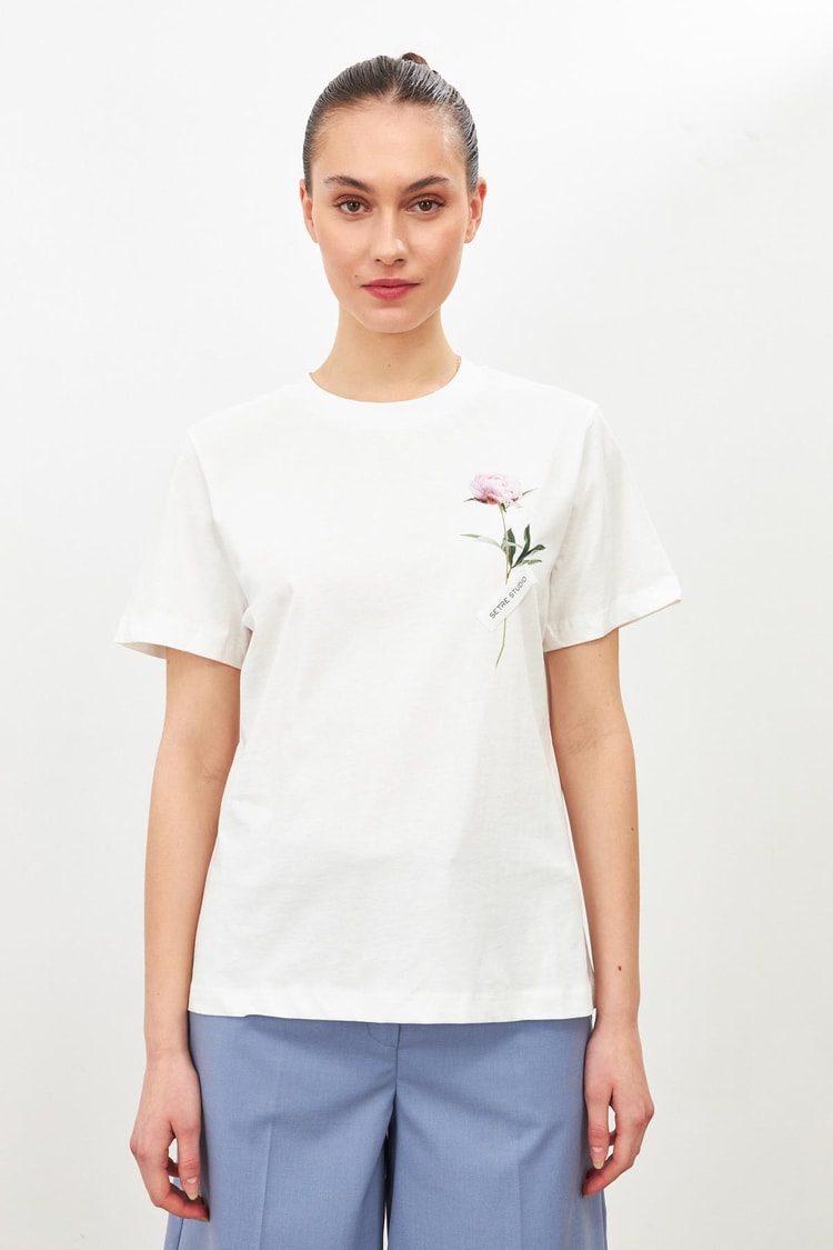 Ekru Çiçek Detaylı Setre Bantlı T-Shirt Kadın T-Shirt modelleri