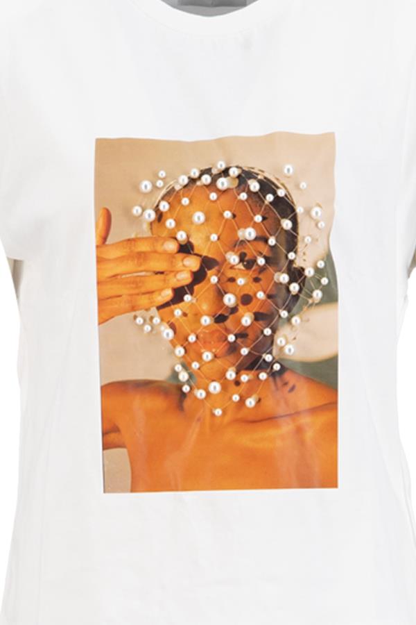 Ekru İnci Detaylı Baskılı Vatkalı 0 Kollu T-Shirt Kadın T-Shirt modelleri