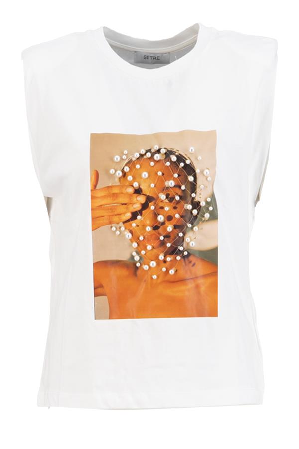 Ekru İnci Detaylı Baskılı Vatkalı 0 Kollu T-Shirt Kadın T-Shirt modelleri