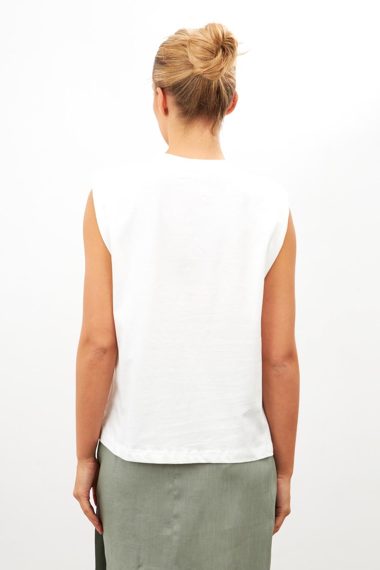 Ekru İnci Detaylı Baskılı Vatkalı 0 Kollu T-Shirt Kadın T-Shirt modelleri
