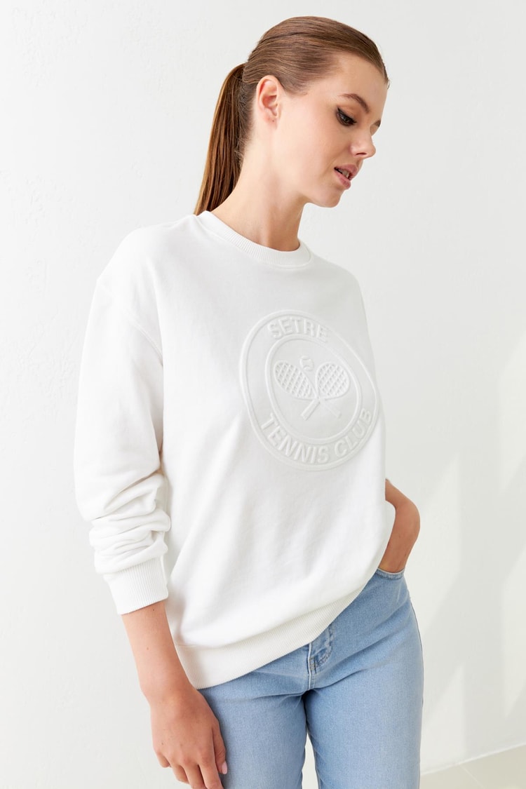 Ekru Omuz Detaylı Bisiklet Yaka Uzun Kollu Sweatshirt Kadın Kategorisiz modelleri