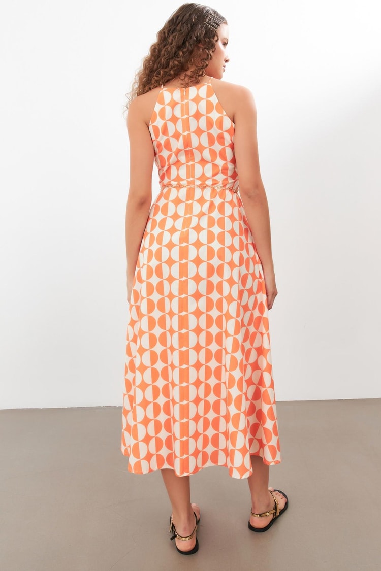 Ekru-Oranj Halter Yaka Geometrik Desenli Midi Boy Elbise Kadın Kategorisiz modelleri
