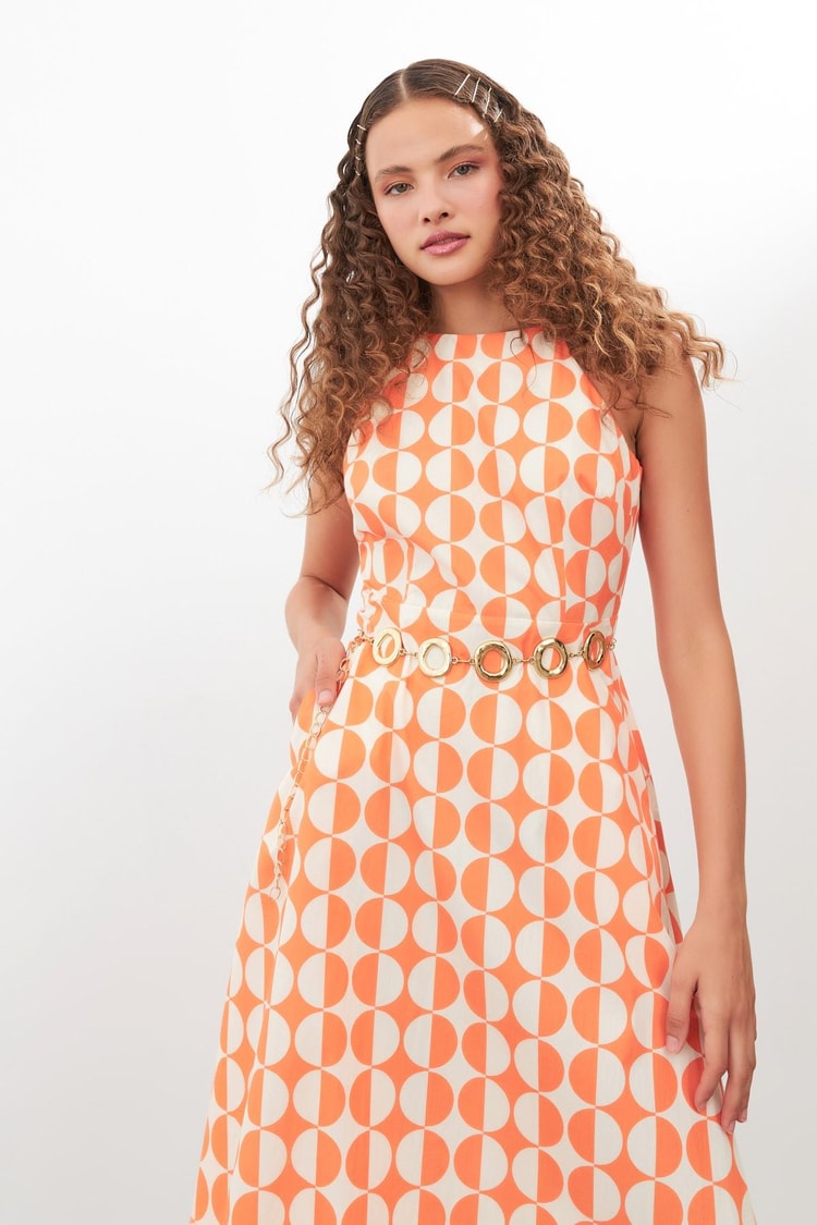 Ekru-Oranj Halter Yaka Geometrik Desenli Midi Boy Elbise Kadın Kategorisiz modelleri