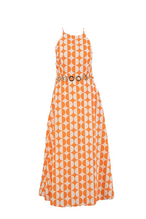 Ekru-Oranj Halter Yaka Geometrik Desenli Midi Boy Elbise Kadın Kategorisiz modelleri