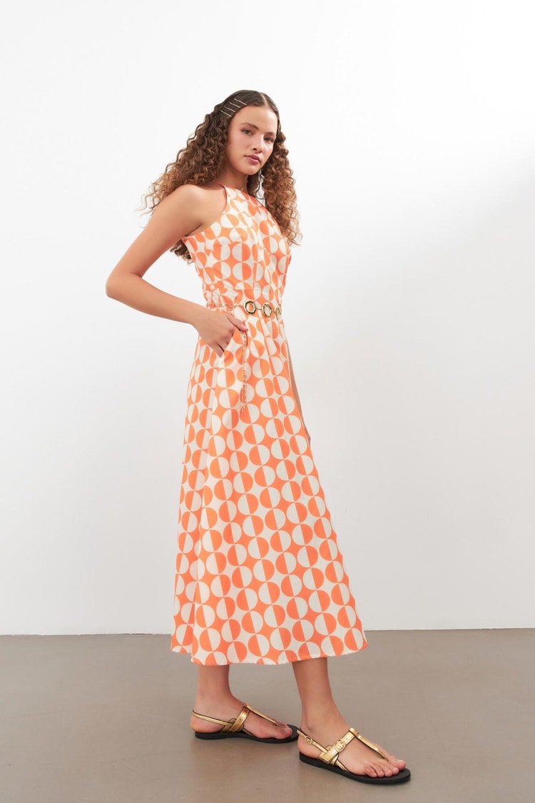 Ekru-Oranj Halter Yaka Geometrik Desenli Midi Boy Elbise Kadın Kategorisiz modelleri