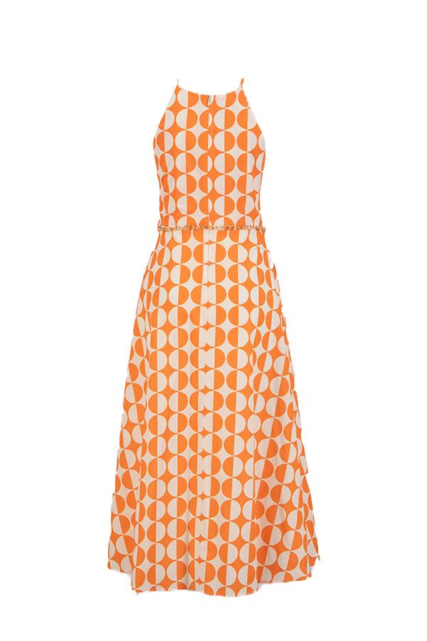 Ekru-Oranj Halter Yaka Geometrik Desenli Midi Boy Elbise Kadın Kategorisiz modelleri