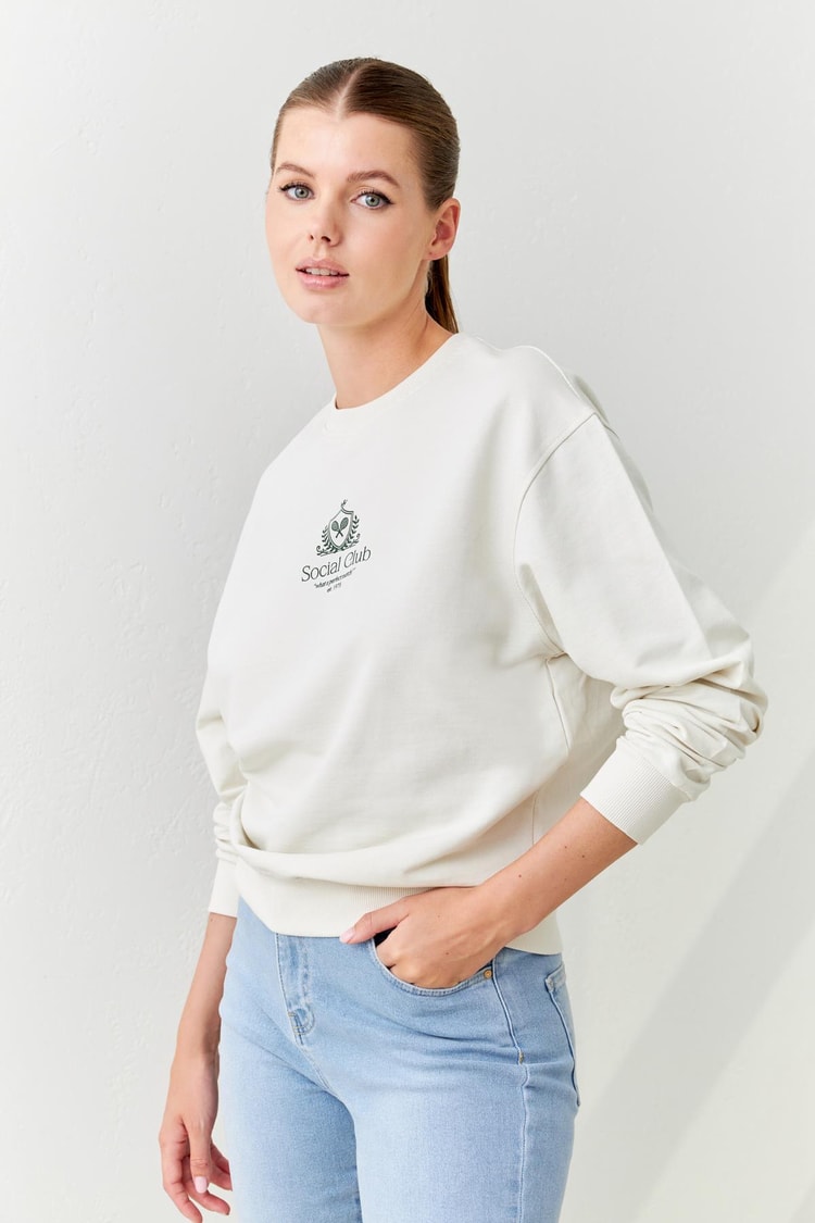 Ekru Pamuklu Bisiklet Yaka Uzun Kollu Sweatshirt Kadın Kategorisiz modelleri