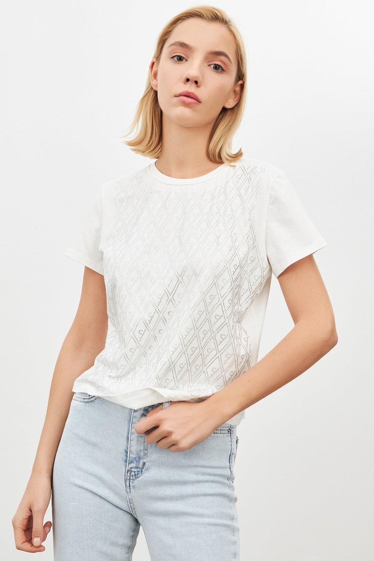 Ekru Simli Bisiklet Yaka Tişört Kadın T-Shirt modelleri