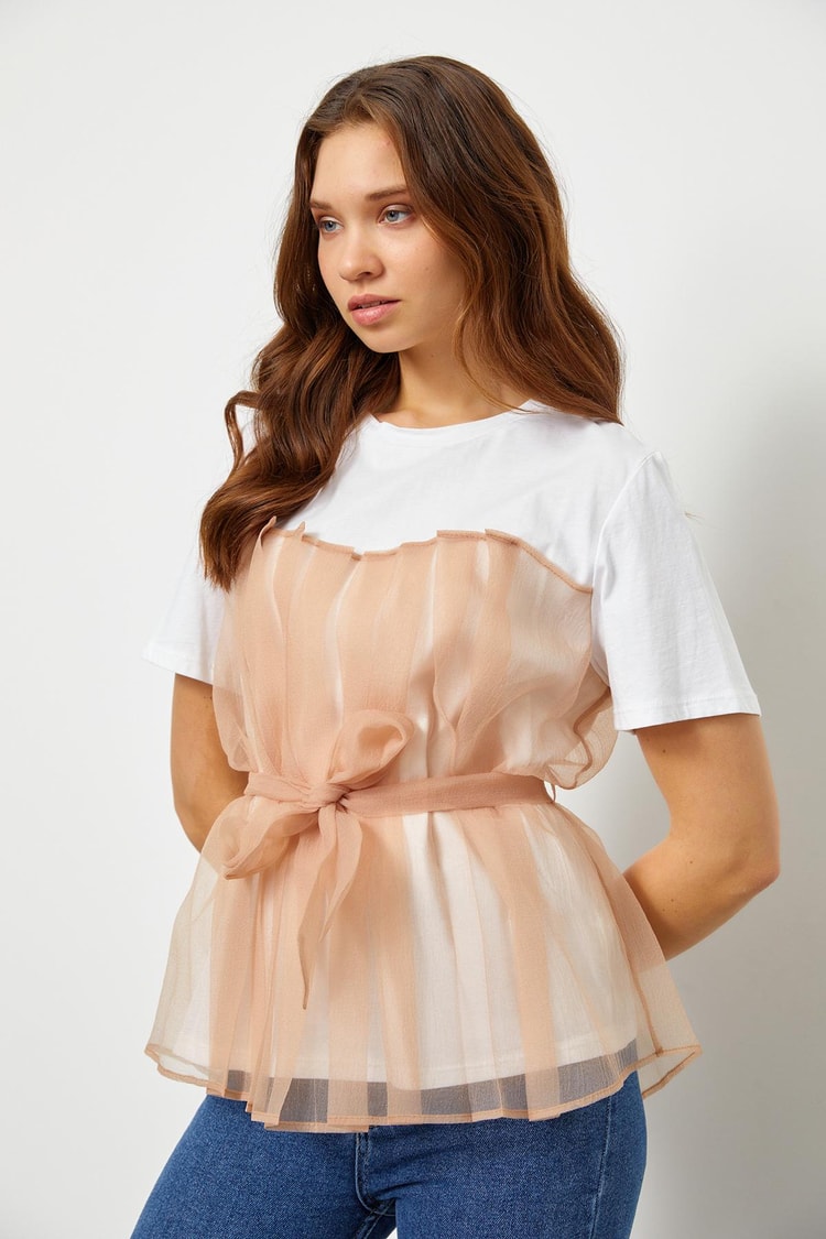 Ekru-Somon 1YM2CTS0087 T-SHIRT Kadın T-Shirt modelleri