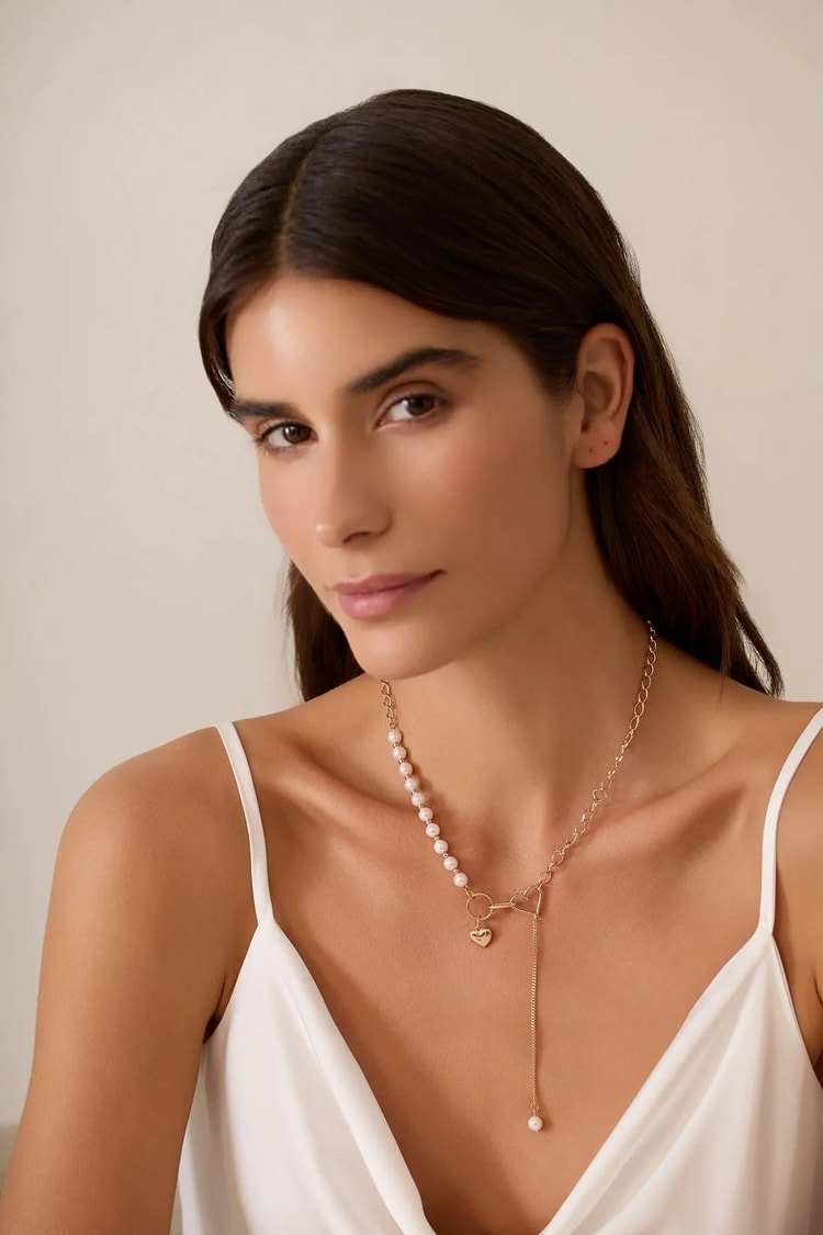Ekru Tek Tarafı İncili Kalp Kilitli Sallantılı Rose Gold Vıp Kolye Kadın Kategorisiz modelleri