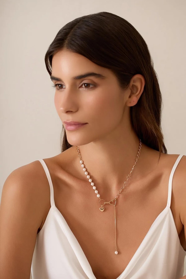 Ekru Tek Tarafı İncili Kalp Kilitli Sallantılı Rose Gold Vıp Kolye Kadın Kategorisiz modelleri