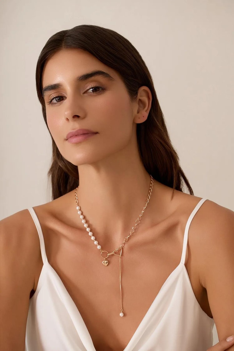 Ekru Tek Tarafı İncili Kalp Kilitli Sallantılı Rose Gold Vıp Kolye Kadın Kategorisiz modelleri