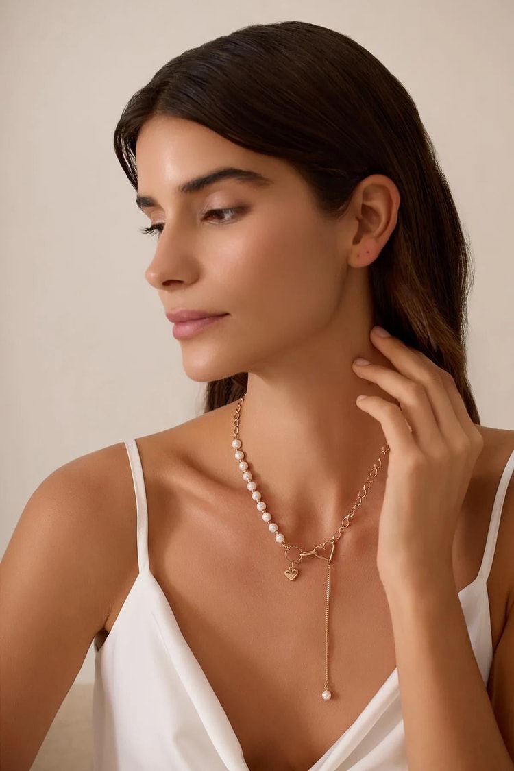 Ekru Tek Tarafı İncili Kalp Kilitli Sallantılı Rose Gold Vıp Kolye Kadın Kategorisiz modelleri