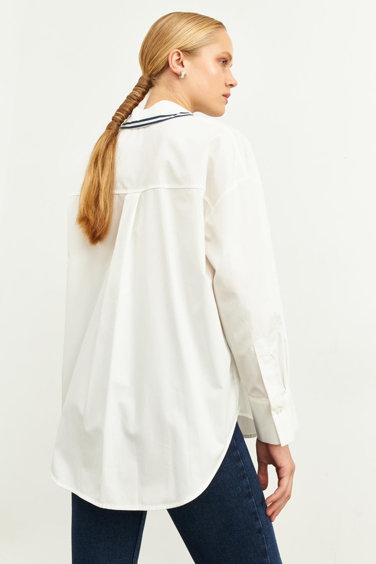 Ekru Yaka Detalı Oversize Gömlek Kadın Gömlek modelleri