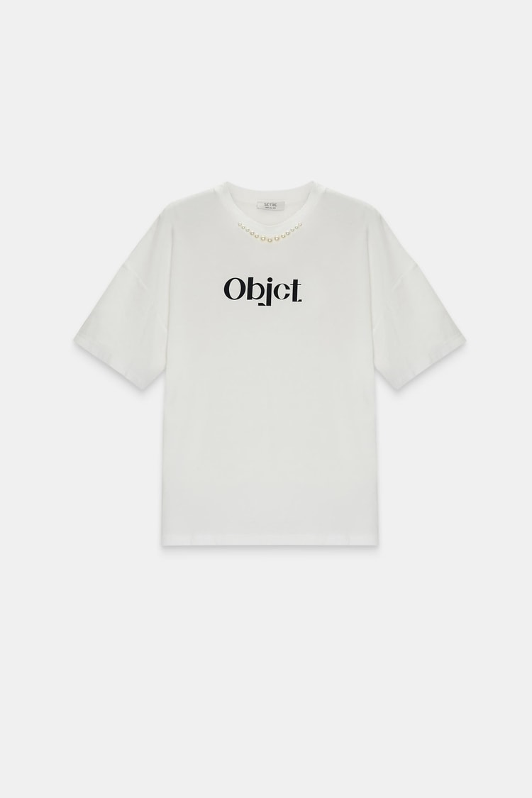 Ekru Yakada İnci Ve Baskı Detaylı Bisiklet Yaka Kısa Kollu T-Shirt Kadın T-Shirt modelleri