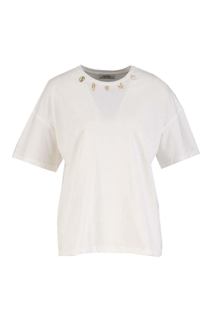 Ekru Yakası Taş Detaylı Basic T-Shirt Kadın T-Shirt modelleri