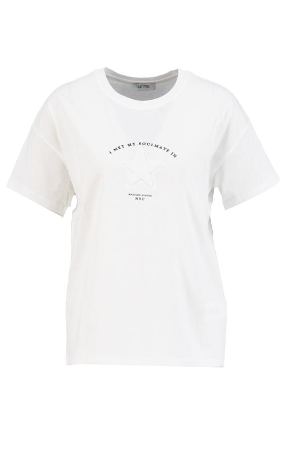 Ekru Yıldız Detaylı Baskılı Bisiklet Yaka T-Shirt Kadın T-Shirt modelleri