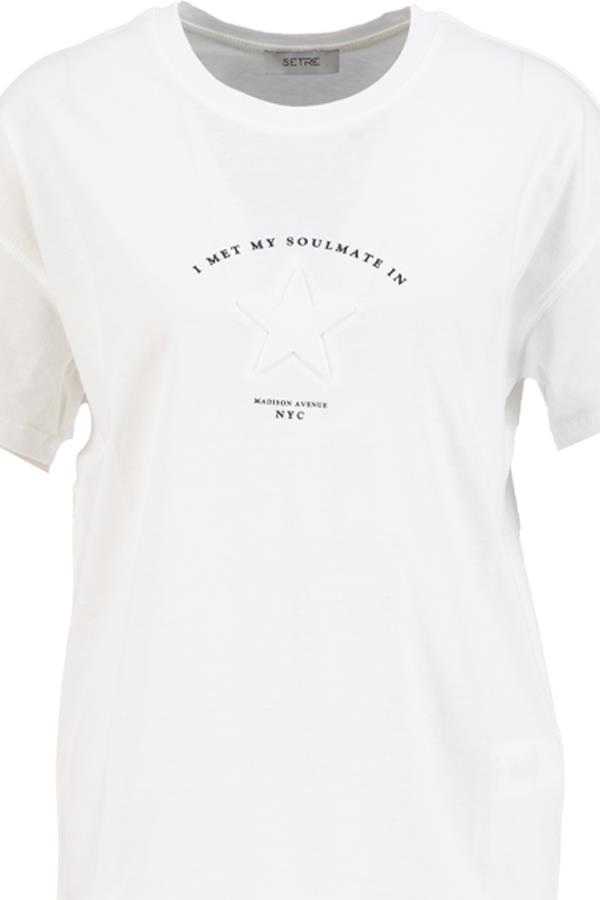 Ekru Yıldız Detaylı Baskılı Bisiklet Yaka T-Shirt Kadın T-Shirt modelleri
