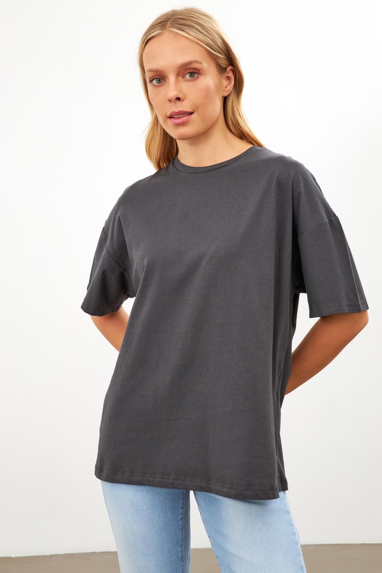 Füme Düz Basic Bisiklet Yaka T-Shirt Kadın T-Shirt modelleri