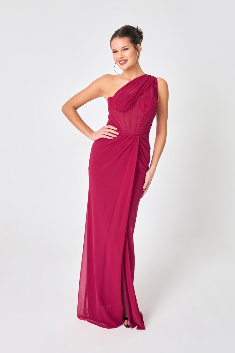Fuşya Balen Ve Drape Detaylı Tek Omuz Abiye Kadın Kategorisiz modelleri