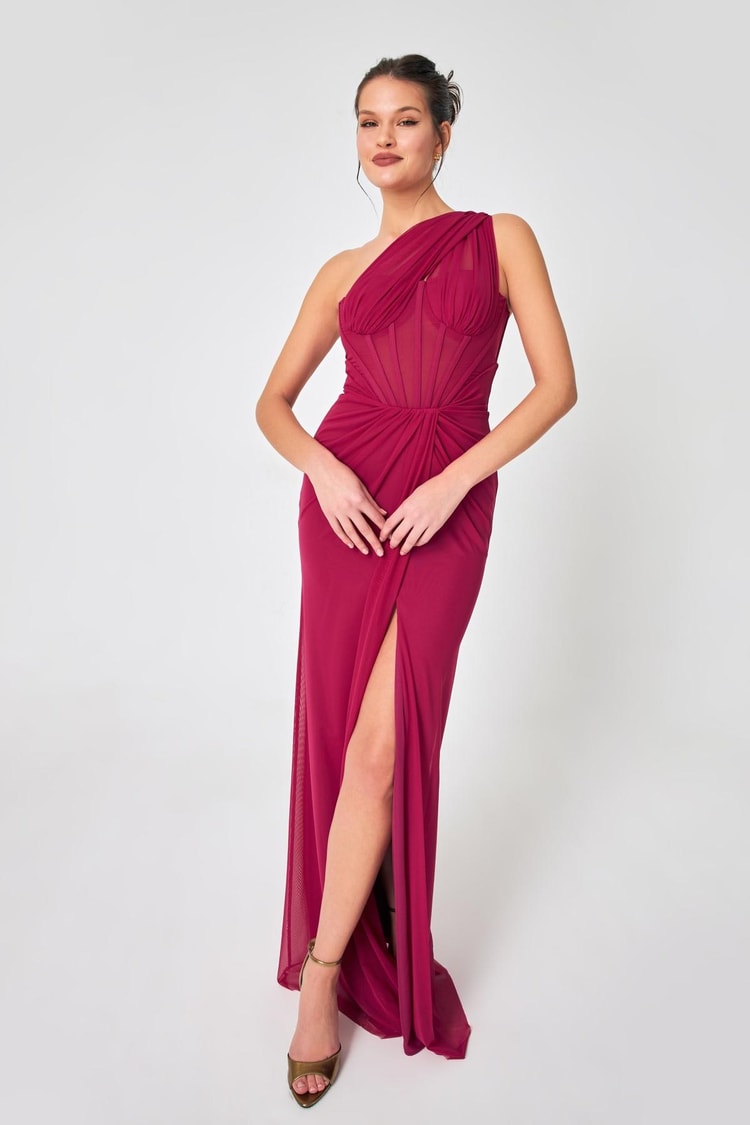 Fuşya Balen Ve Drape Detaylı Tek Omuz Abiye Kadın Kategorisiz modelleri