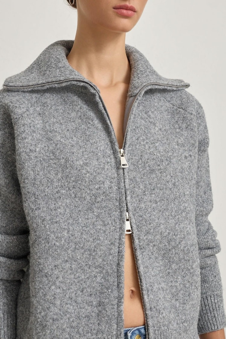 Gri Uzun Kollu Fermuar Detaylı Triko Kadın Sweatshirt modelleri