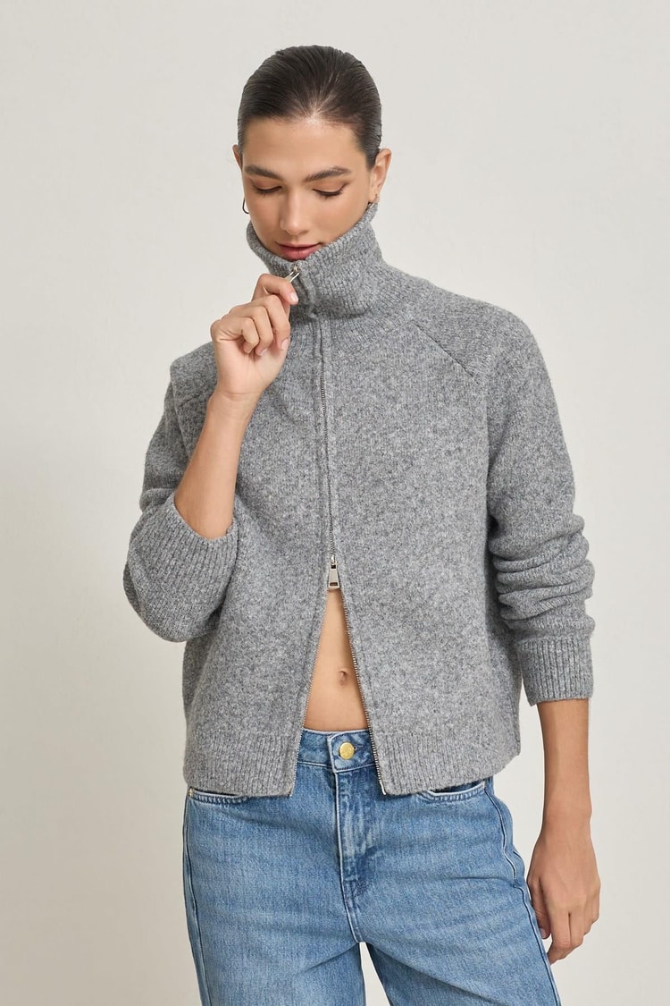 Gri Uzun Kollu Fermuar Detaylı Triko Kadın Sweatshirt modelleri