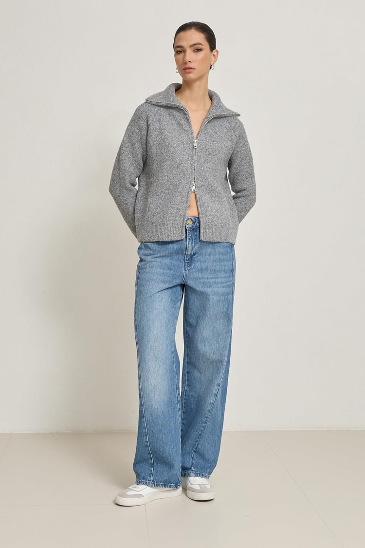 Gri Uzun Kollu Fermuar Detaylı Triko Kadın Sweatshirt modelleri