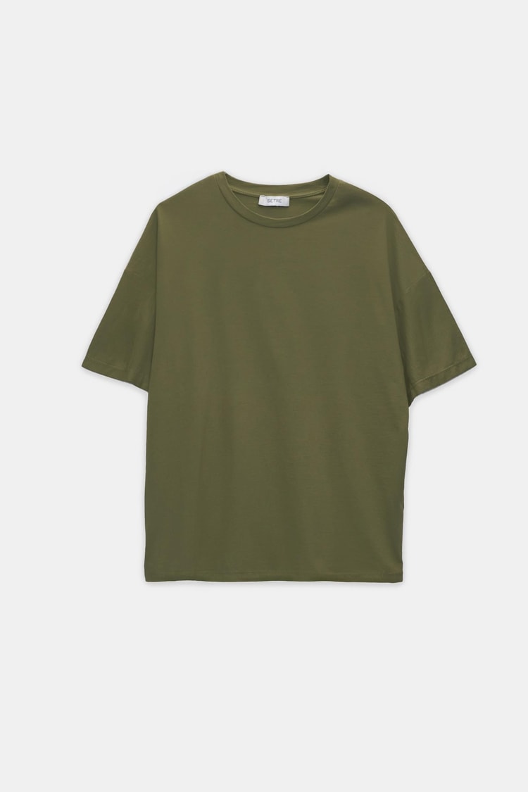 Haki Bisiklet Yaka Oversize Düz T-Shirt Kadın T-Shirt modelleri
