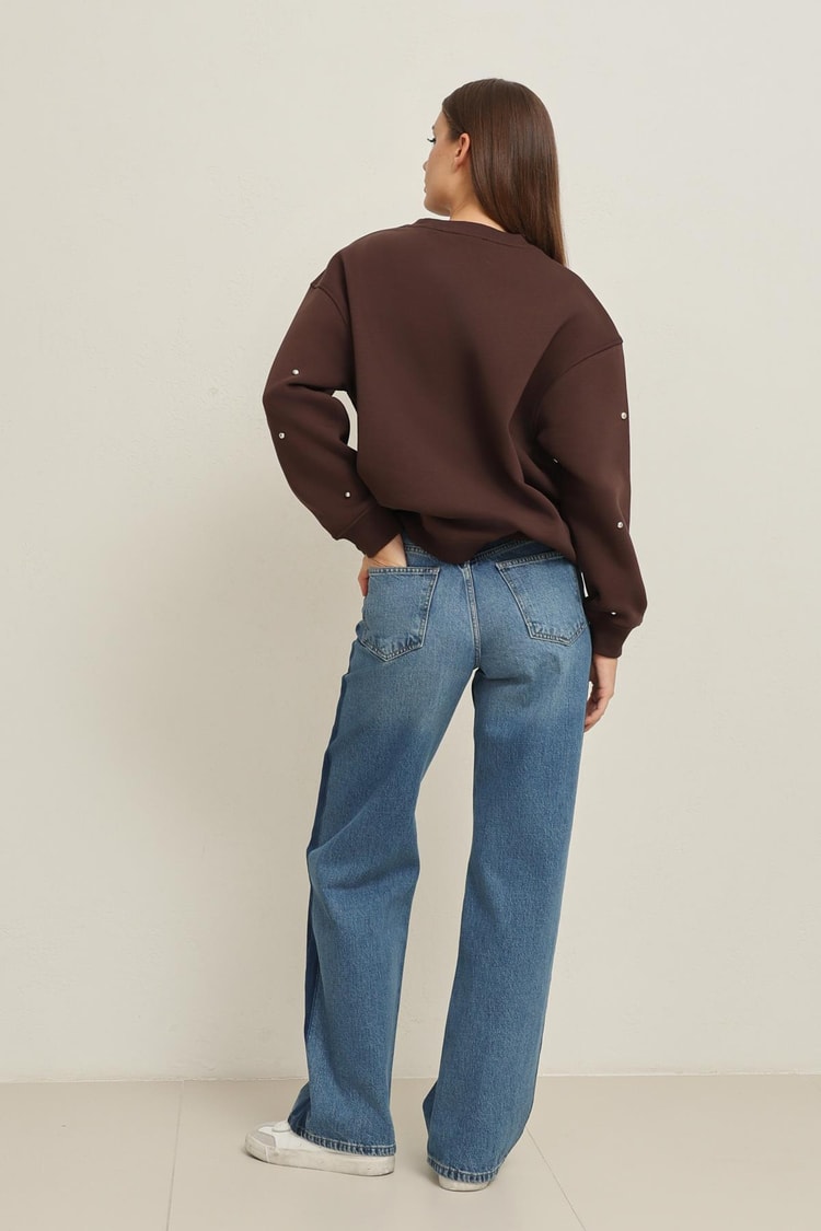 Kahve Bisiklet Yaka Taş Detaylı Uzun Kollu Sweatshirt Kadın Kategorisiz modelleri