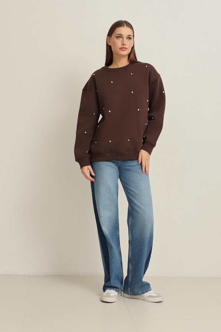 Kahve Bisiklet Yaka Taş Detaylı Uzun Kollu Sweatshirt Kadın Kategorisiz modelleri