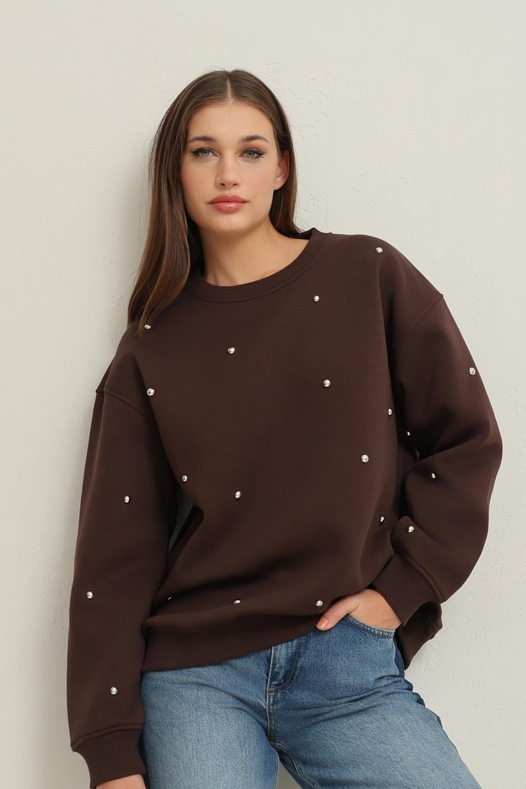 Kahve Bisiklet Yaka Taş Detaylı Uzun Kollu Sweatshirt Kadın Kategorisiz modelleri