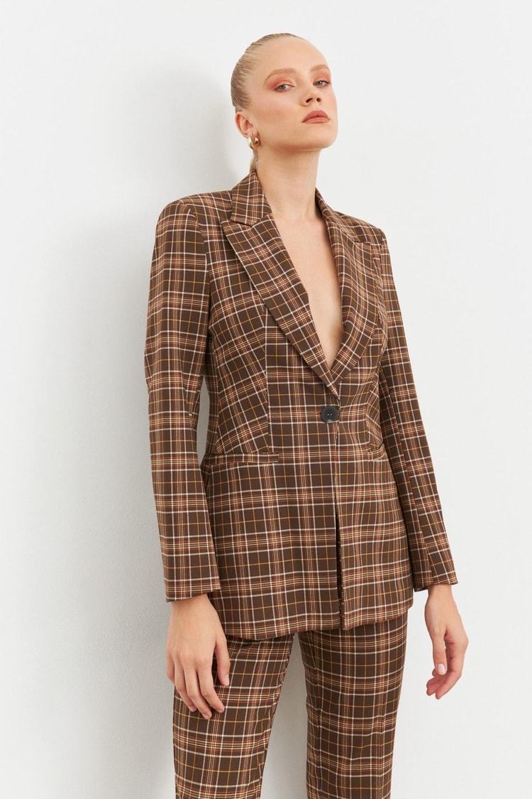 Kahve Ekose Blazer Pantolon Takım Kadın Takım Elbise modelleri