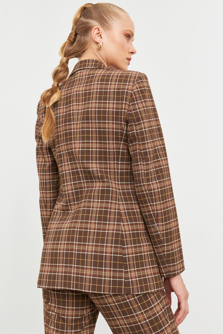 Kahve Ekose Blazer Pantolon Takım Kadın Takım Elbise modelleri