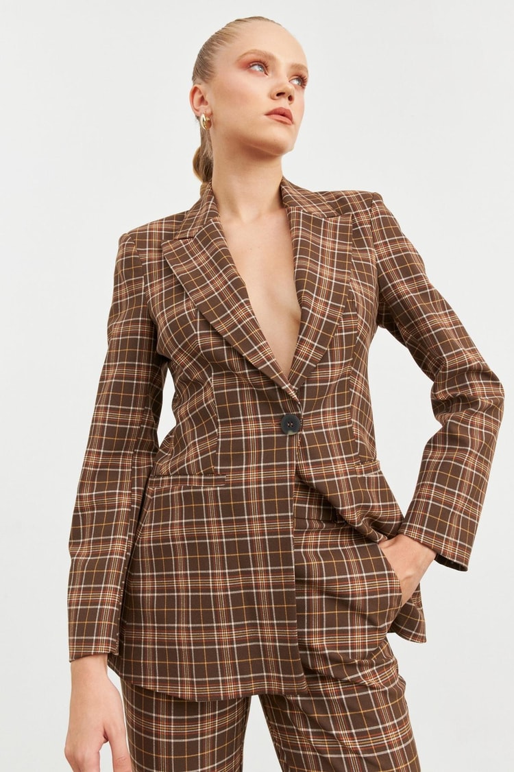 Kahve Ekose Blazer Pantolon Takım Kadın Takım Elbise modelleri