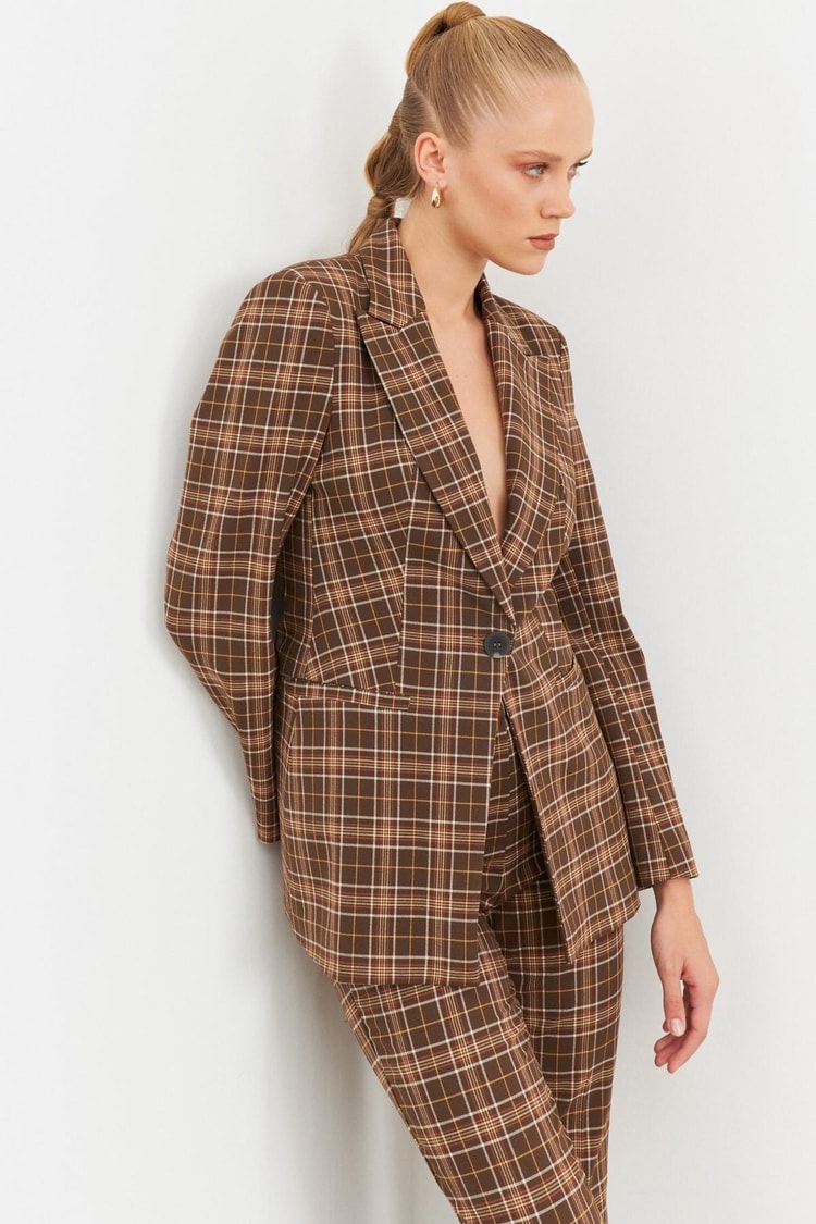 Kahve Ekose Blazer Pantolon Takım Kadın Takım Elbise modelleri