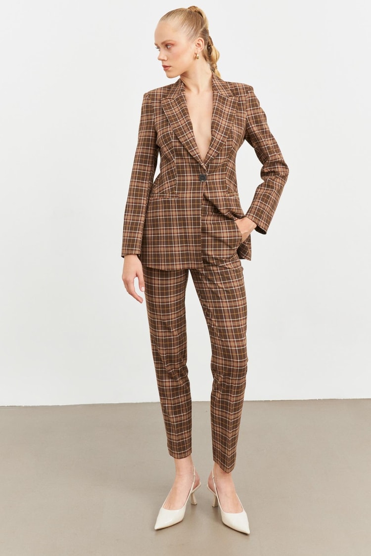 Kahve Ekose Blazer Pantolon Takım Kadın Takım Elbise modelleri