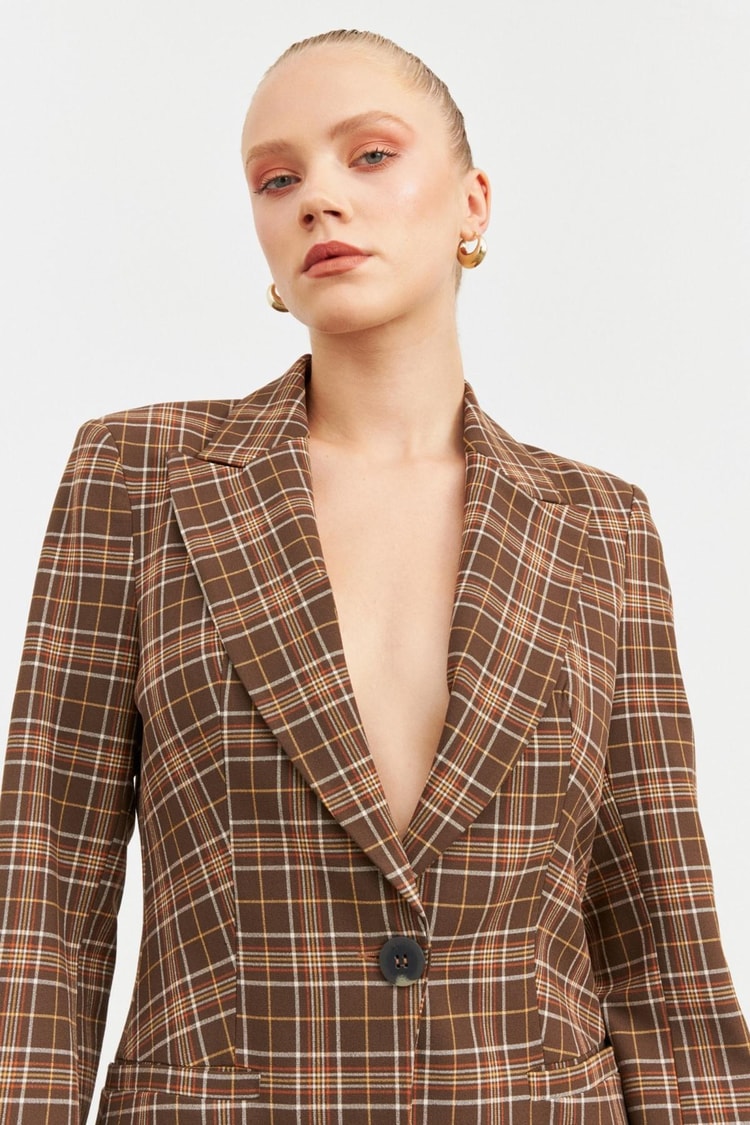 Kahve Ekose Blazer Pantolon Takım Kadın Takım Elbise modelleri