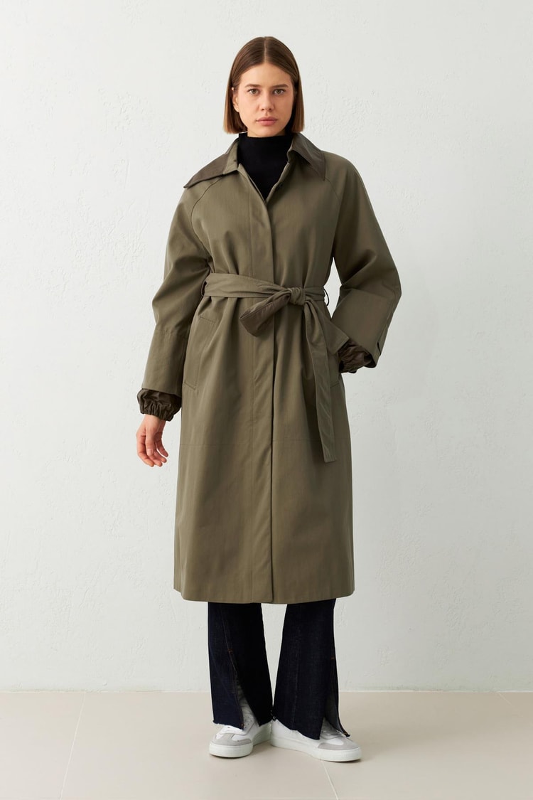 Kahve Yaka Ve Kemer Detaylı Uzun Trençkot Kadın Trençkot modelleri