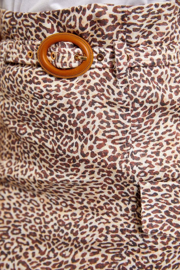 Kahve Yüksek Bel Kemerli Mini Leopar Etek Kadın Etek modelleri