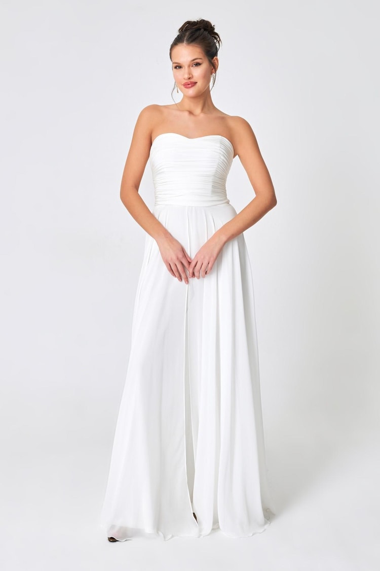Kemik Straplez Drape  Ve Tül Detaylı Abiye Elbise Kadın Kategorisiz modelleri