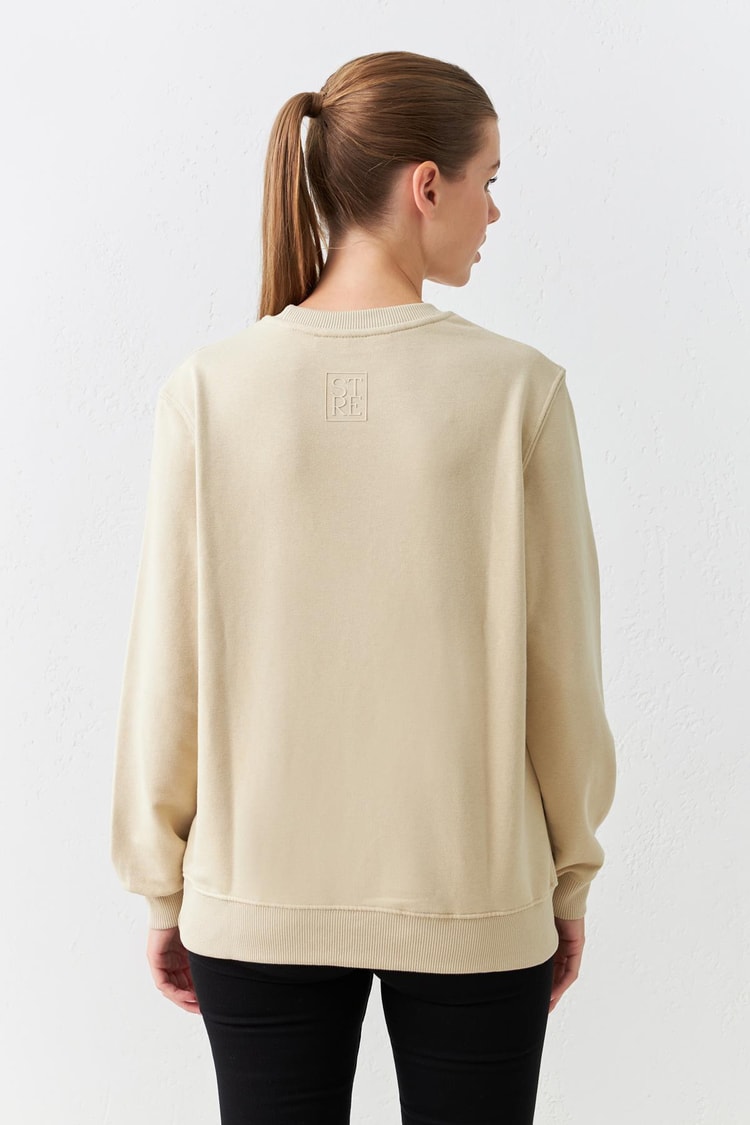 Koyu Bej Basic Bisiklet Yaka Uzun Kollu Sweatshirt Kadın Sweatshirt modelleri